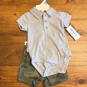 Carter's Heather Gray Polo Onesie with Camo Shorts